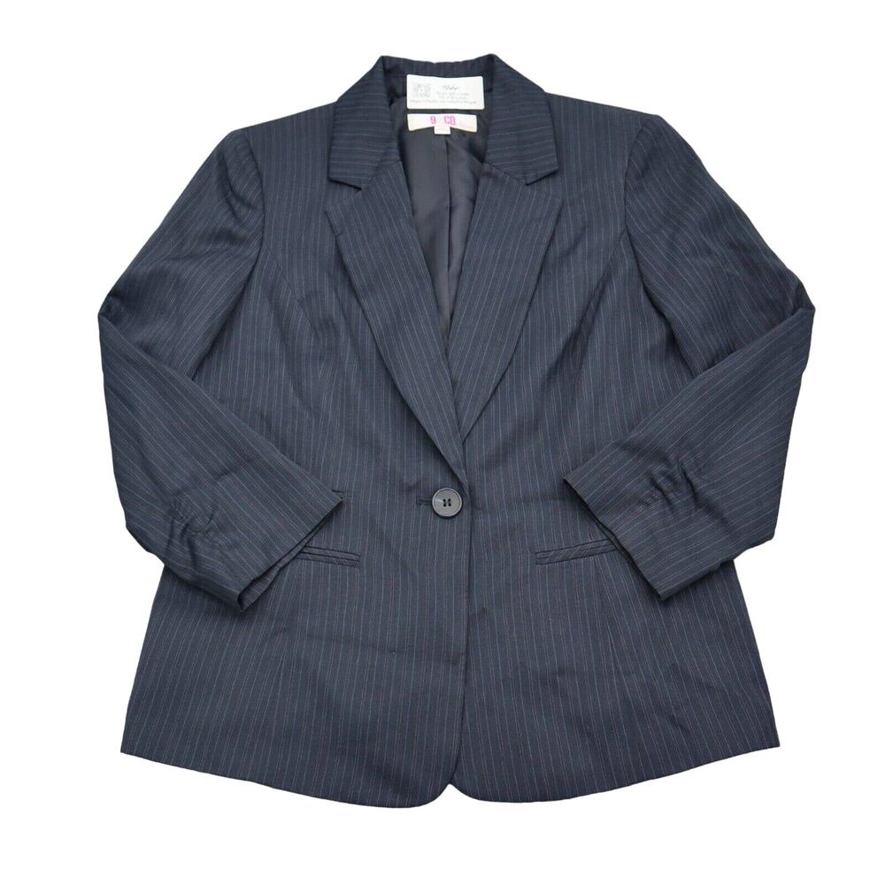 9 and Co Suit Womens 10 Black Pinstriped Single Breasted Notch Lapel Jacket